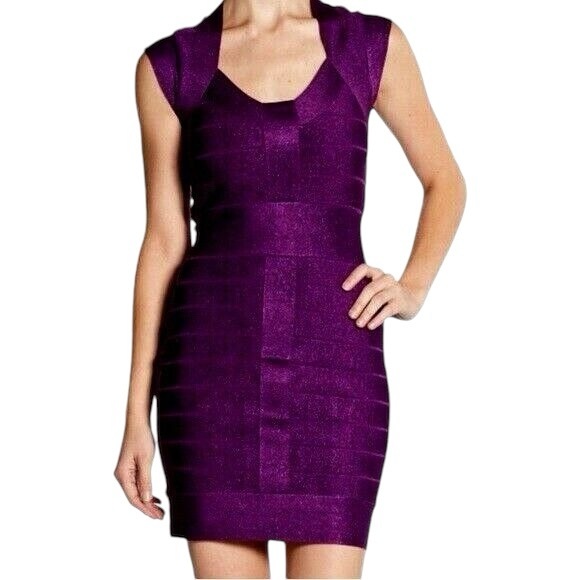 FRENCH CONNECTION Vintage SIZE 6 DEEP PURPLE BANDAGE BODYCON MINI stretchy DRESS - Picture 2 of 12